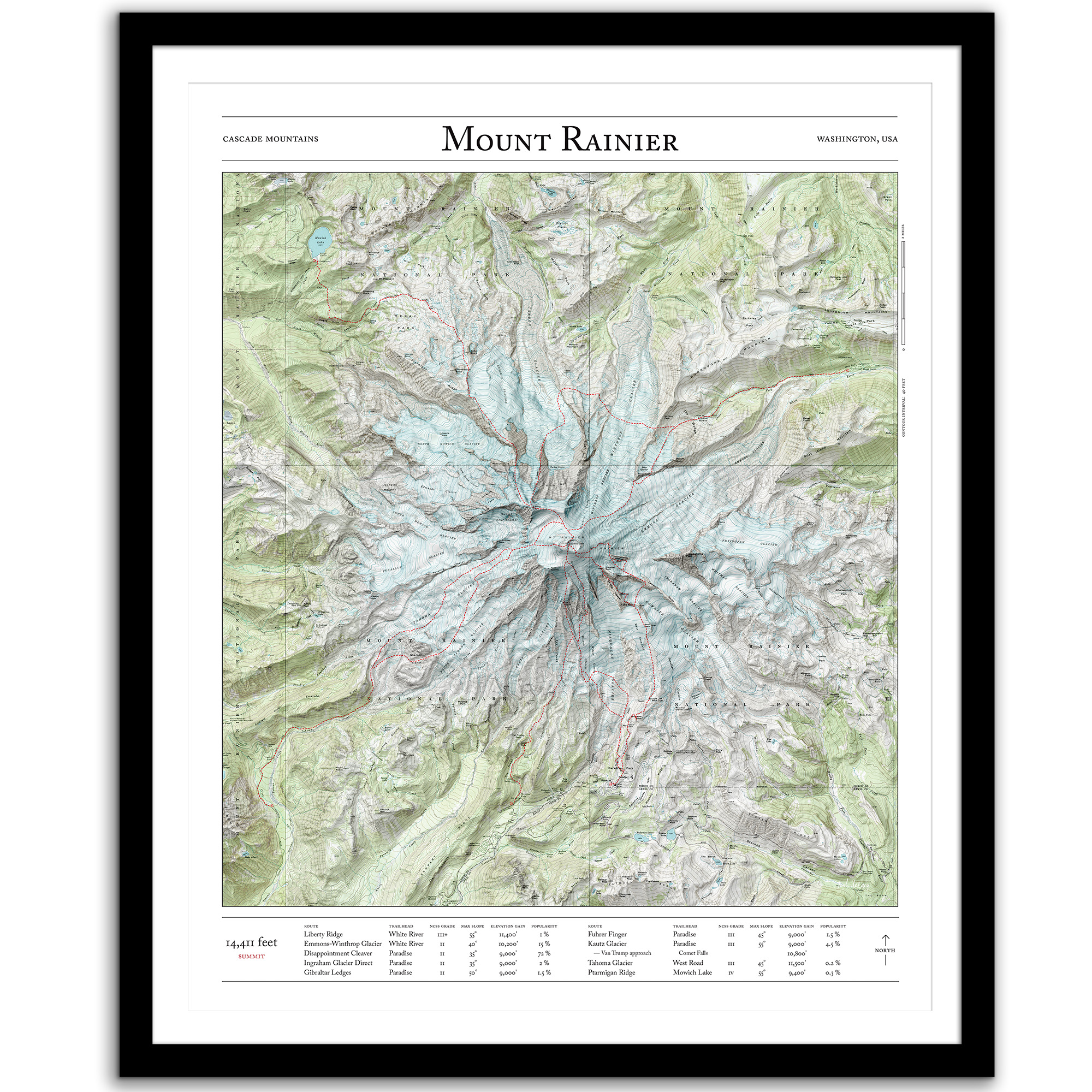 Rainier-Routes-frame-white Mt. Rainier mountaineer's map framed